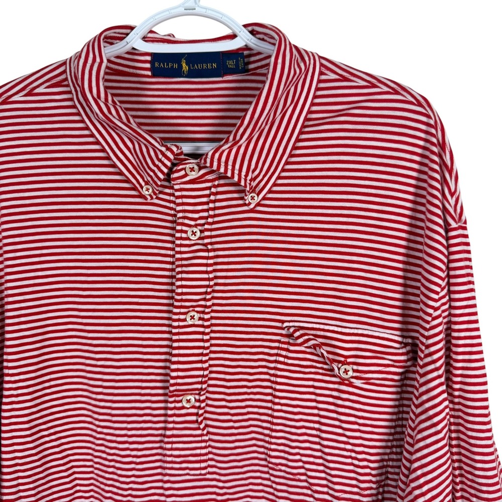Ralph Lauren Polo Shirt Mens 2XLT Red White Striped Pocket Cotton read‎